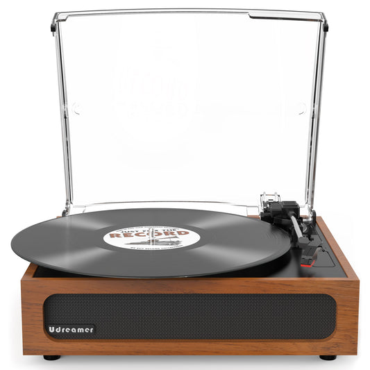 Udreamer Vinyl Record Player with Bluetooth, All In One 3-Speed Vintage Audio Turntables,Yellow