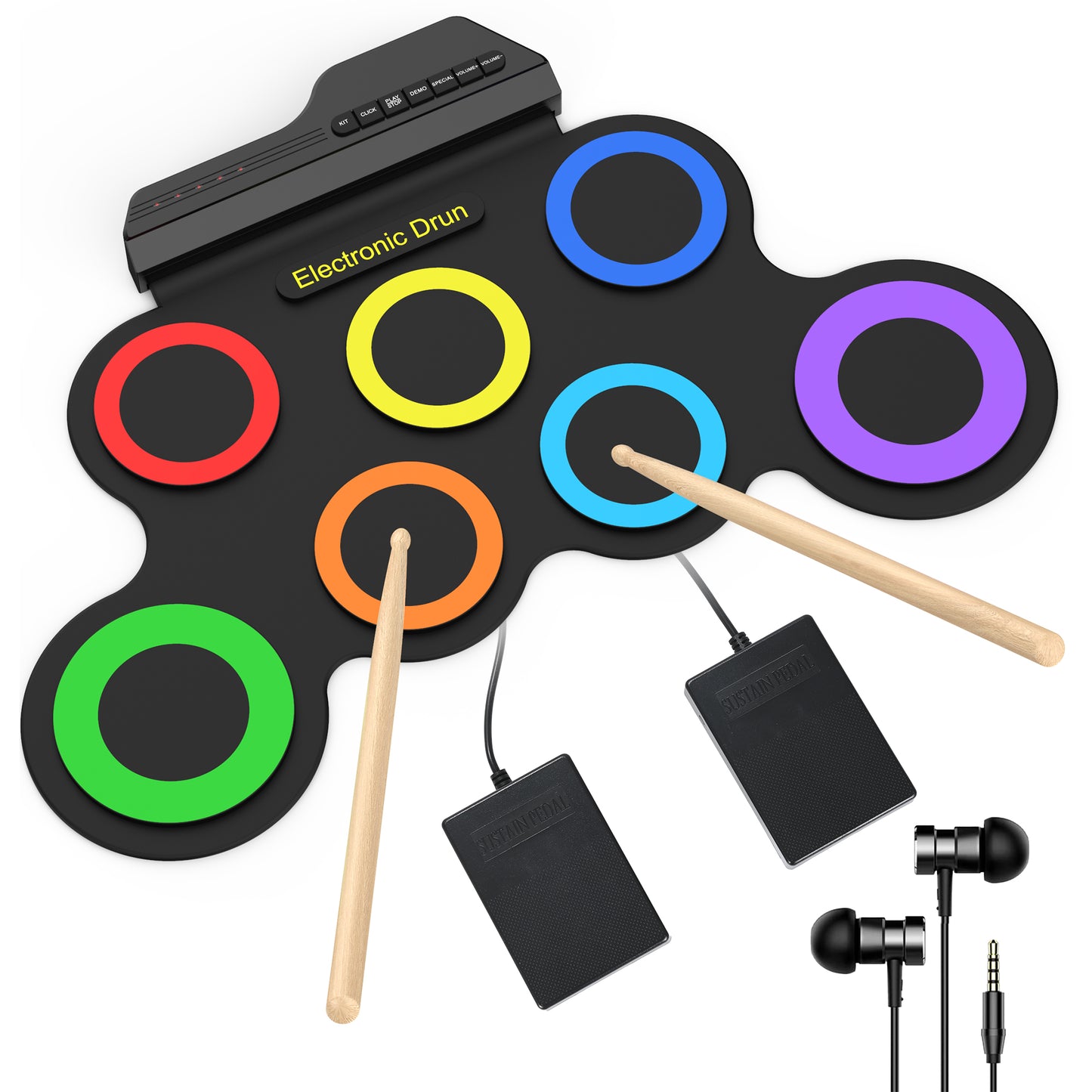 Udreamer Electronic Drum Set, 7-Pad Bluetooth Portable Electronic Drum Kit, Roll-Up Drum,Christmas Holiday Birthday Gift，Rainbow