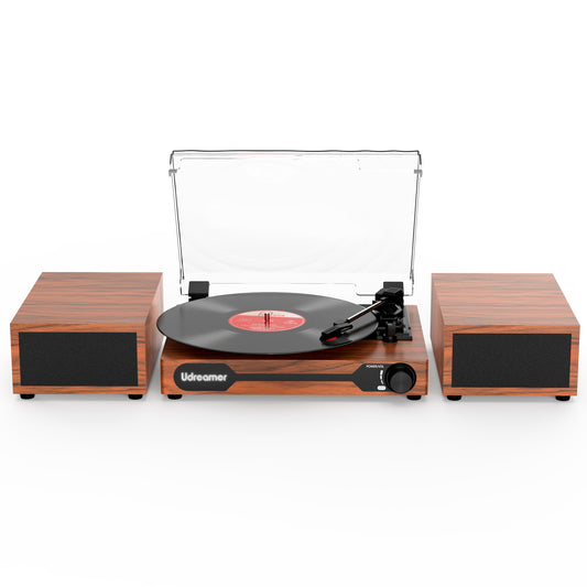 Udreamer Record Player,Vinyl Bluetooth Record player with speakers, Turntables for vinyl records, Brown,Lights Logo