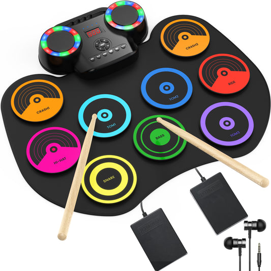 Portable Electric Drum Set with Headphone: 9-Pad Electronic Drum Pad with Dual Speaker for Beginner - Holiday Birthday Christmas Gifts