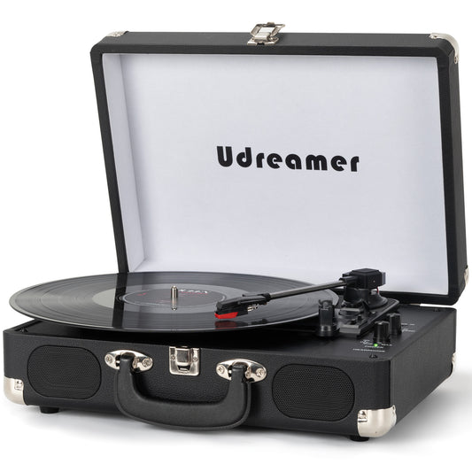 Udreamer Vinyl Record Player Turntable with Bluetooth,3-Speed Portable Vintage Audio Turntables,Black