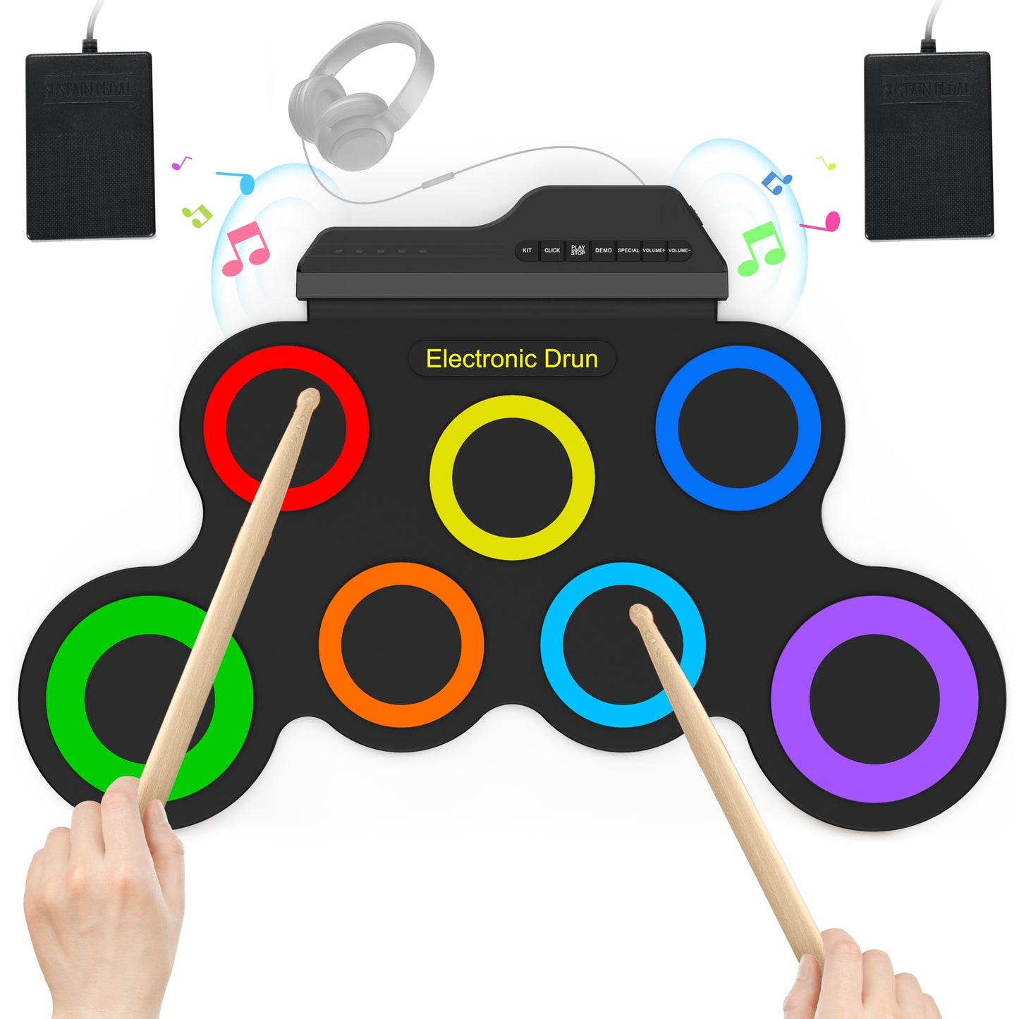Udreamer Electronic Drum Set, 7-Pad Bluetooth Portable Electronic Drum Kit, Roll-Up Drum,Christmas Holiday Birthday Gift，Rainbow