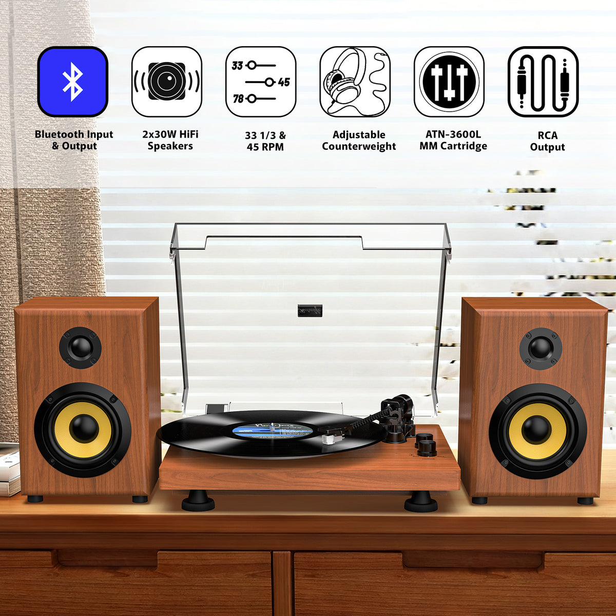 Udreamer Vinyl Record Player Bluetooth Turntable,USB/RCA Out,ATN-3600L stylus,60W Speakers,USB to PC, Auto Stop