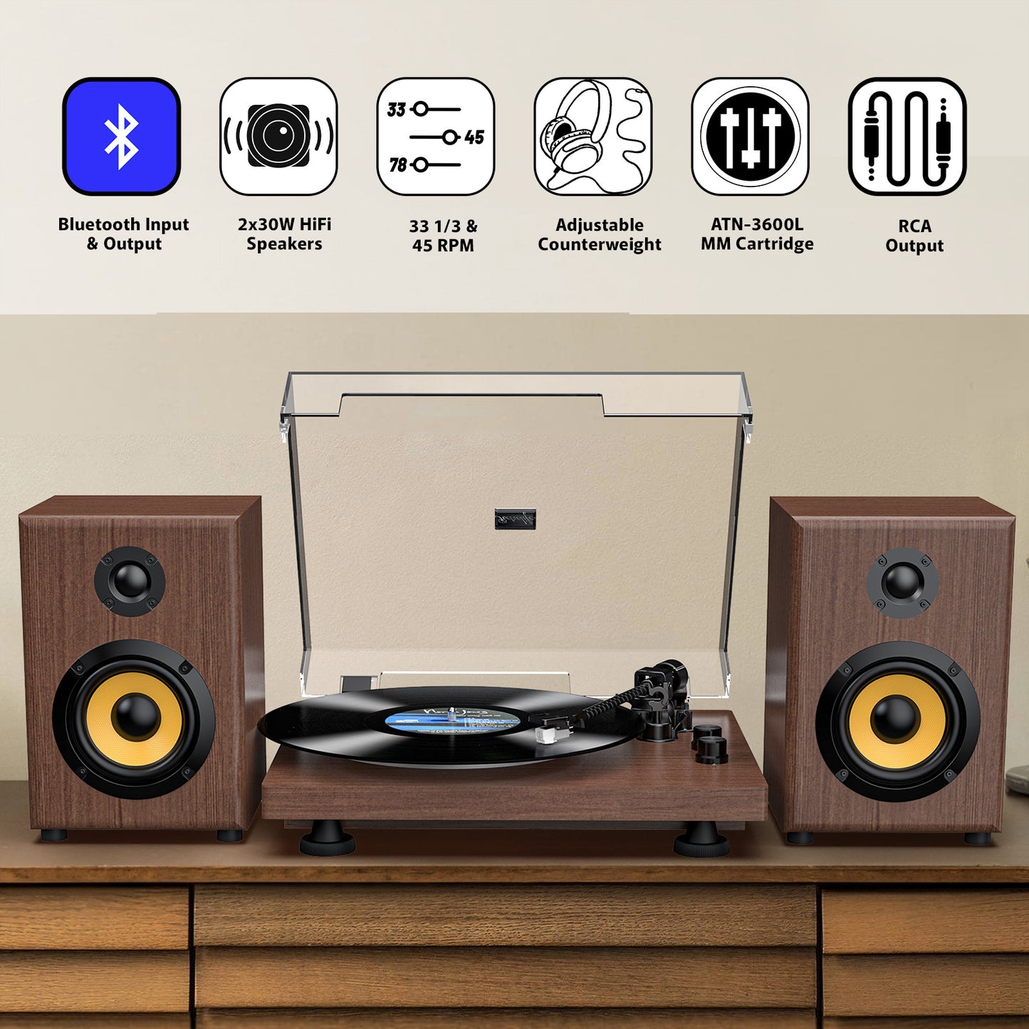 Udreamer Vinyl Record Player Bluetooth Turntable,USB/RCA Out,ATN-3600L stylus,60W Speakers,USB to PC, Auto Stop