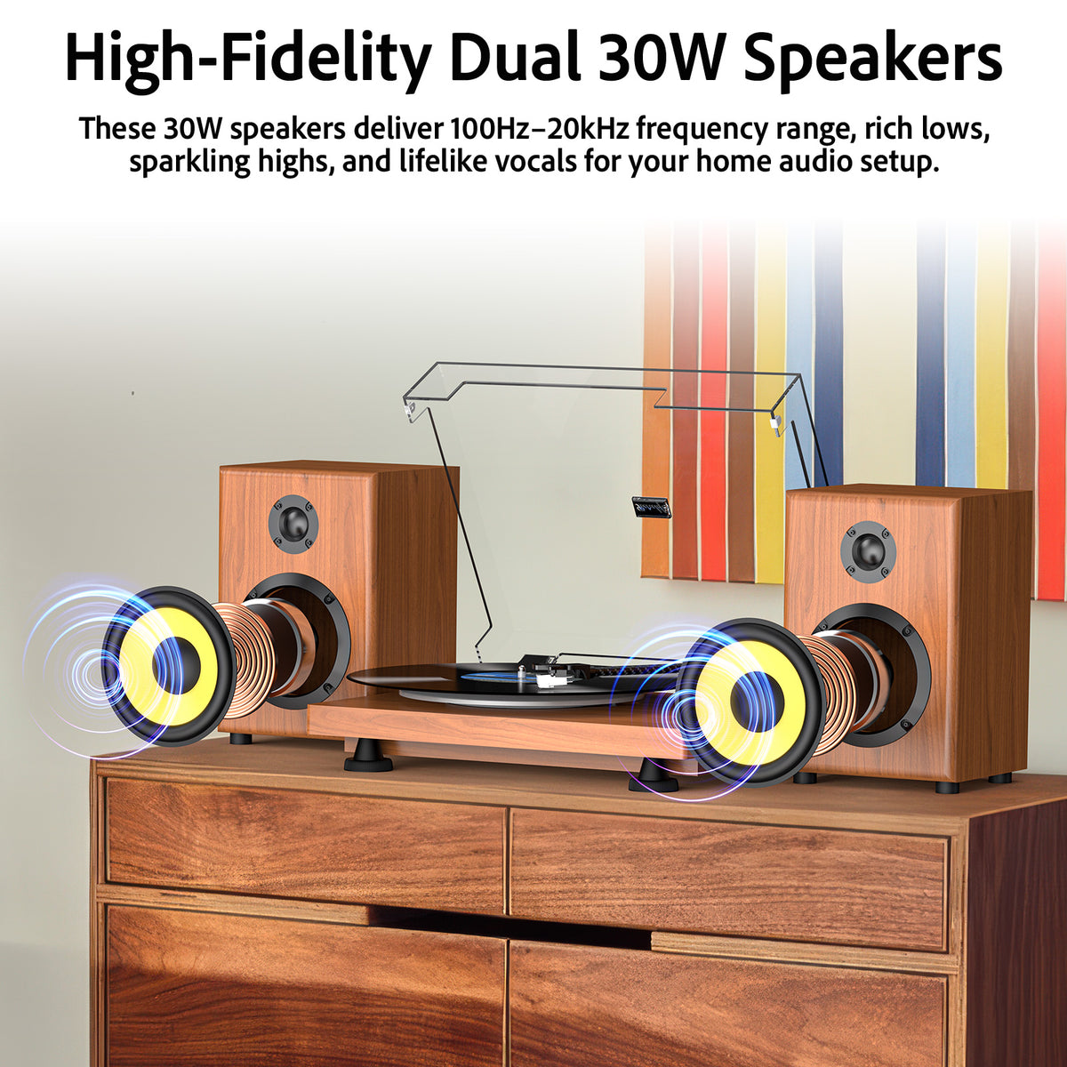Udreamer Vinyl Record Player Bluetooth Turntable,USB/RCA Out,ATN-3600L stylus,60W Speakers,USB to PC, Auto Stop