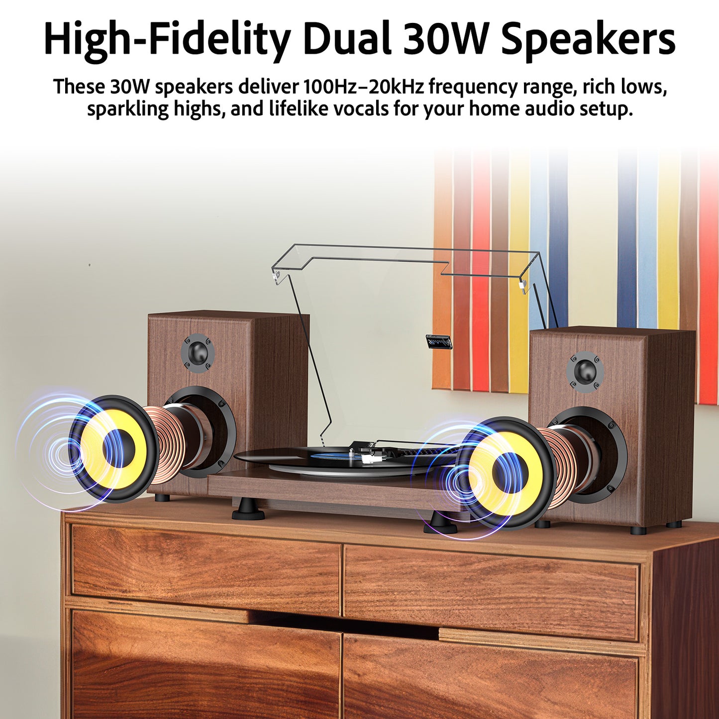 Udreamer Vinyl Record Player Bluetooth Turntable,USB/RCA Out,ATN-3600L stylus,60W Speakers,USB to PC, Auto Stop