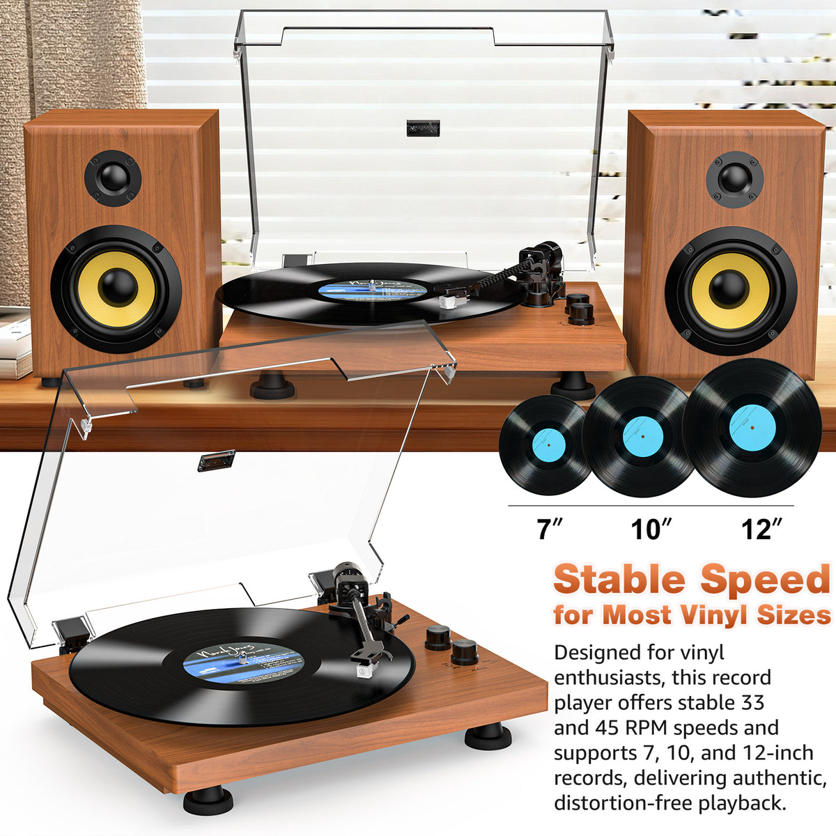 Udreamer Vinyl Record Player Bluetooth Turntable,USB/RCA Out,ATN-3600L stylus,60W Speakers,USB to PC, Auto Stop