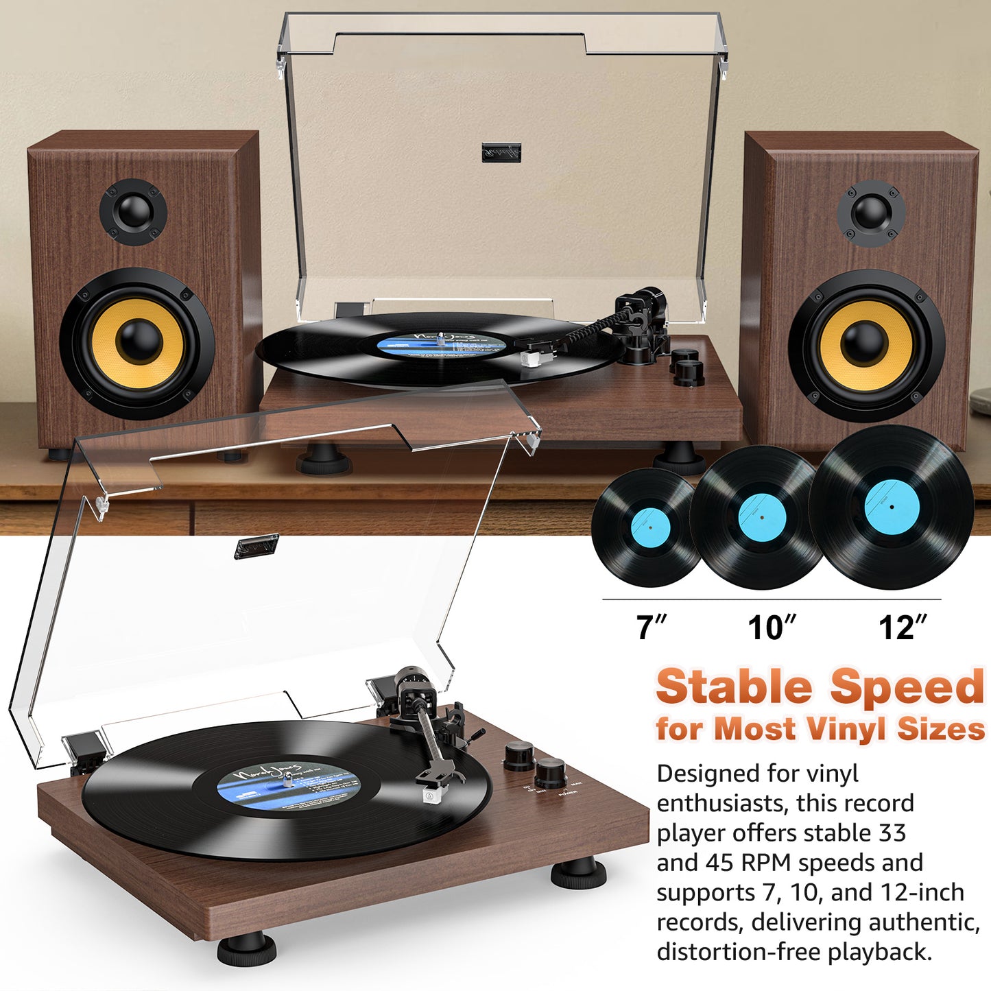 Udreamer Vinyl Record Player Bluetooth Turntable,USB/RCA Out,ATN-3600L stylus,60W Speakers,USB to PC, Auto Stop