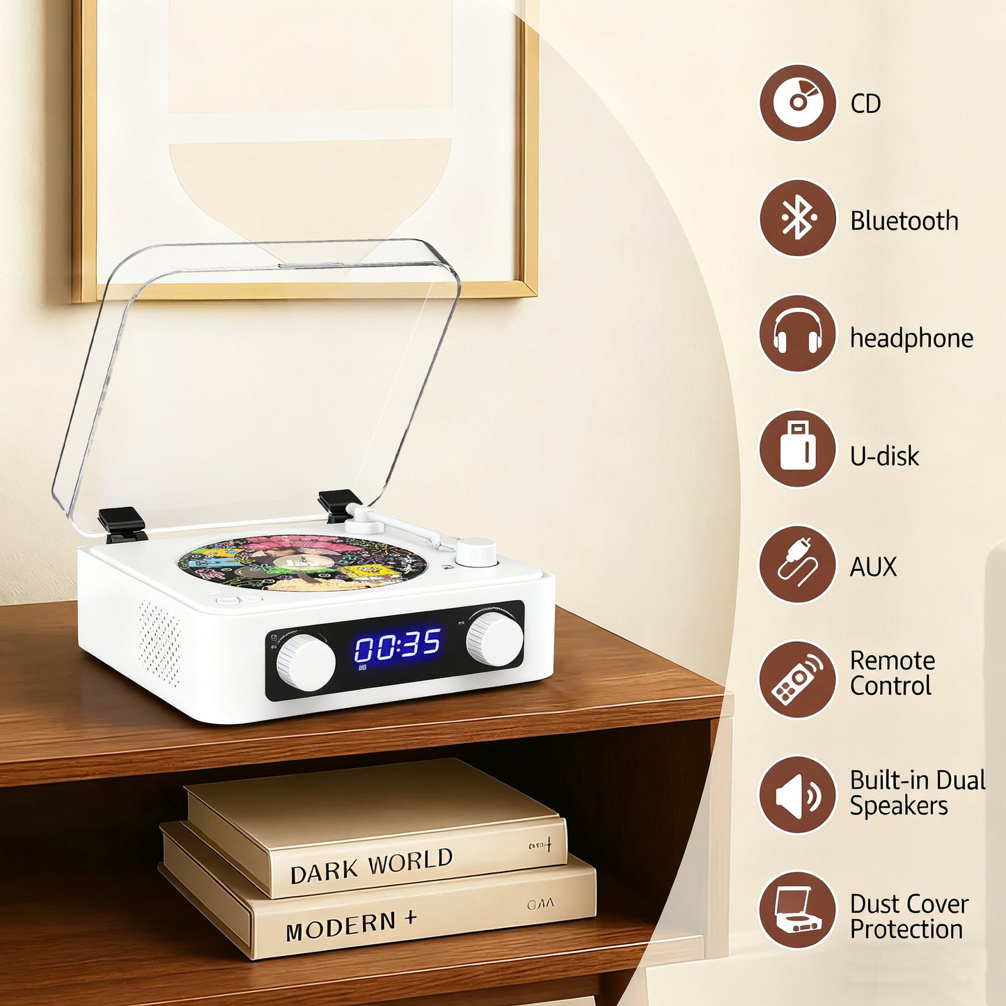 Udreamer CD Players for Home,Digital Portable CD Player with Bluetooth Hi-Fi Stereo Sound,Remote Control, Support AUX/USB, Headphone Jack,Lighting