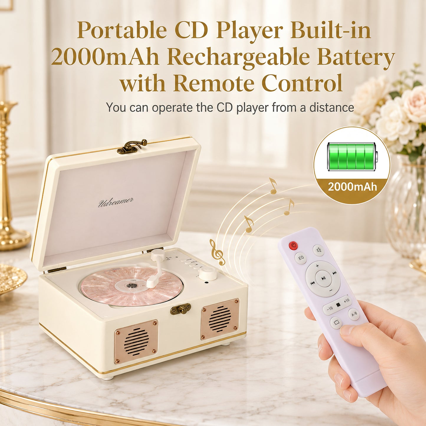 Udreamer Portable CD Players for Home Stereos, Home CD player Portable,CD player with Bluetooth,Stereos for Home | White