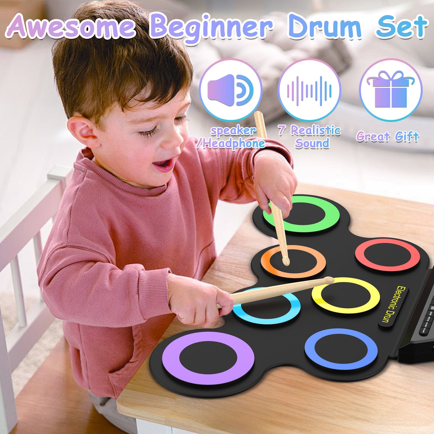 Udreamer Electronic Drum Set, 7-Pad Bluetooth Portable Electronic Drum Kit, Roll-Up Drum,Christmas Holiday Birthday Gift，Rainbow