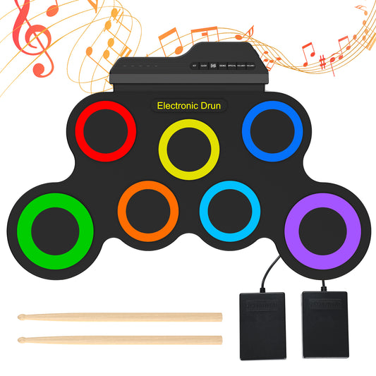 Udreamer Electronic Drum Set, 7-Pad Bluetooth Portable Electronic Drum Kit, Roll-Up Drum,Christmas Holiday Birthday Gift，Rainbow