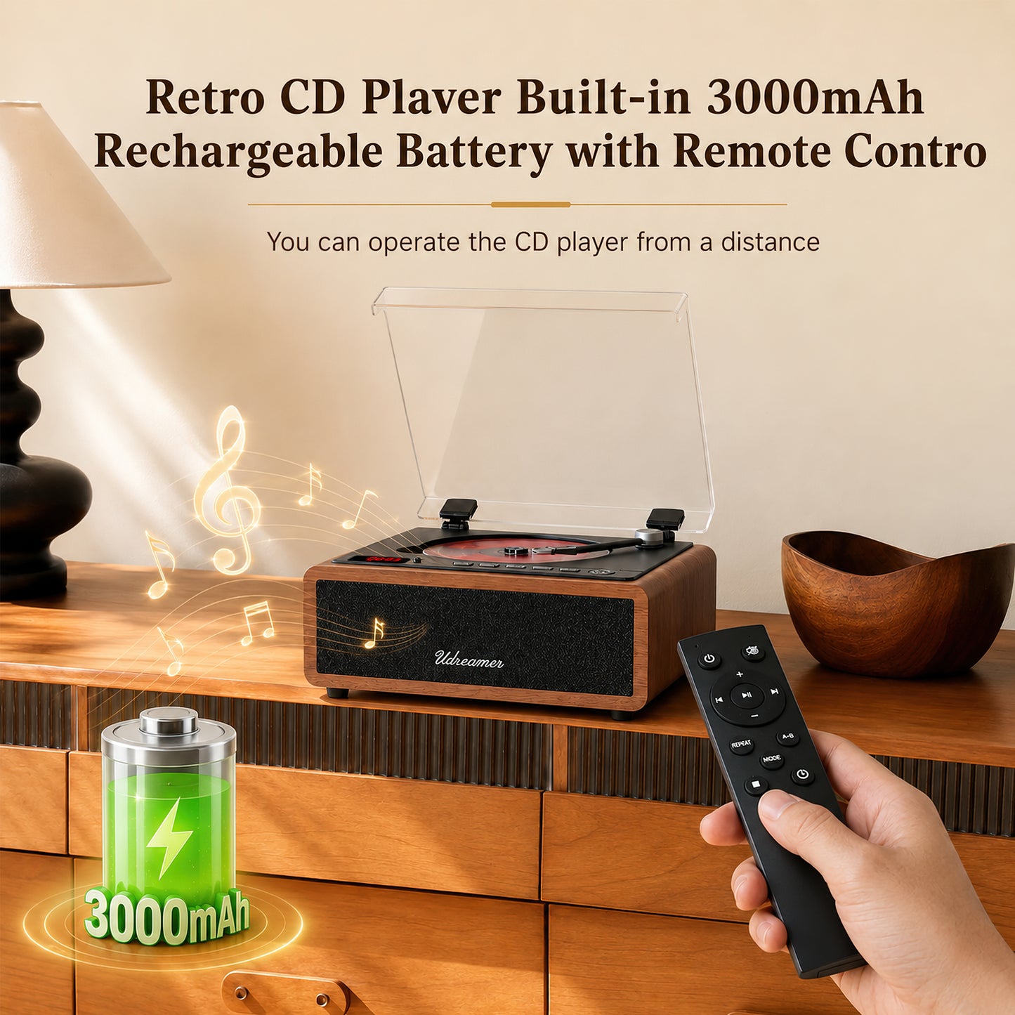 Udreamer Retro CD Player, Vintage CD Players for Home | HiFi Bass Boost & FM Radio with Remote Control,Sleep Timer,USB/AUX IN,Brown