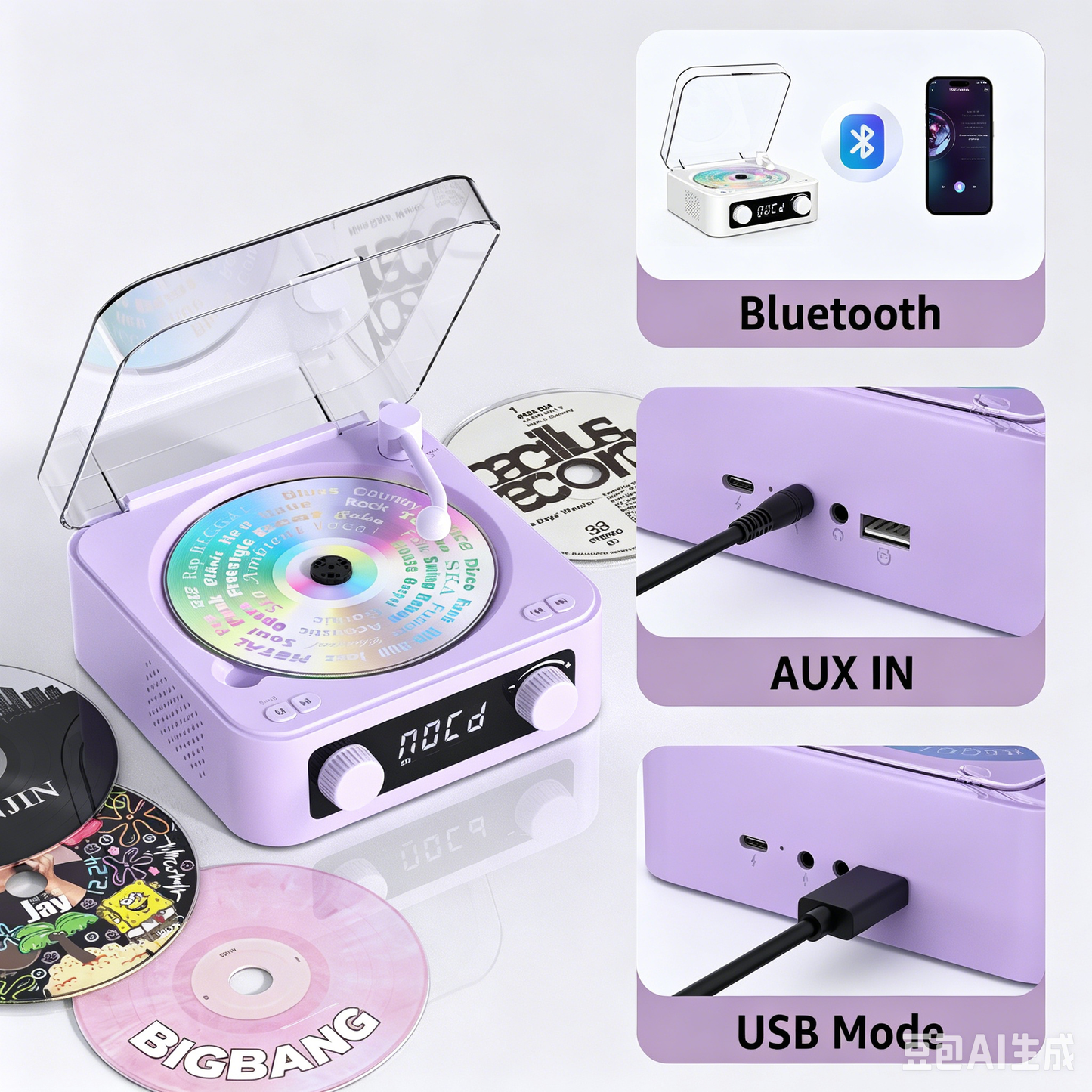 Udreamer Portable CD Players for Home Stereos, Home CD player Portable,CD player with Bluetooth,FM,Stereo Speakers | Purple