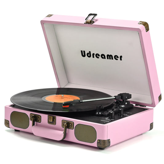 Udreamer Vinyl Record Player 3-Speed Turntable with Bluetooth,Suitcase Portable Vintage Audio Turntables,Pink