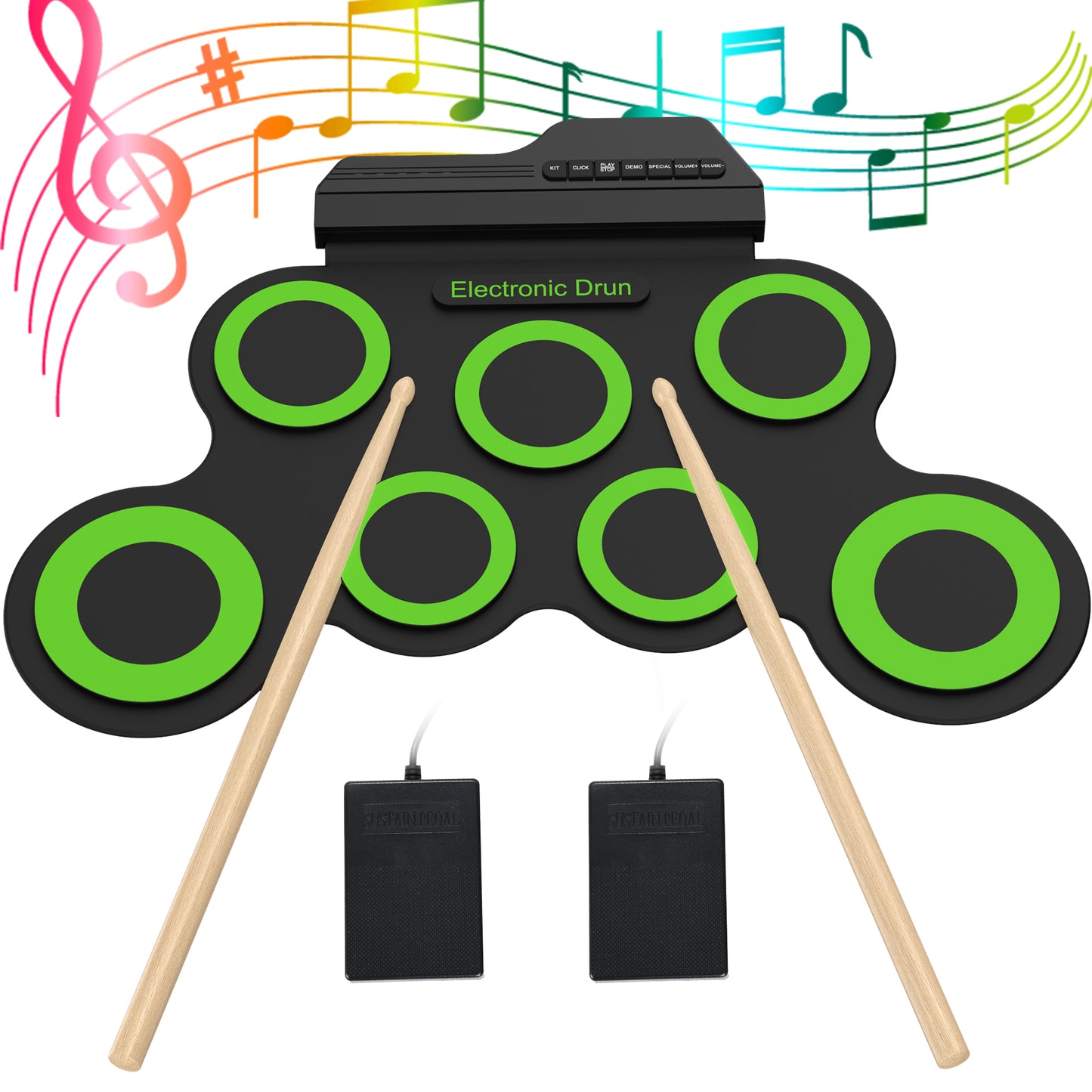 Udreamer Electronic Drum Set, 7-Pad Bluetooth Portable Electronic Drum Kit, Roll-Up Drum,Christmas Holiday Birthday Gift，Rainbow
