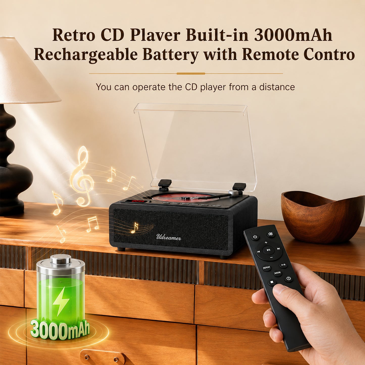 Udreamer Retro CD Player, Wood Vintage CD Players for Home | HiFi Bass Boost & FM Radio with Remote Control,Sleep Timer,USB/AUX IN,Black