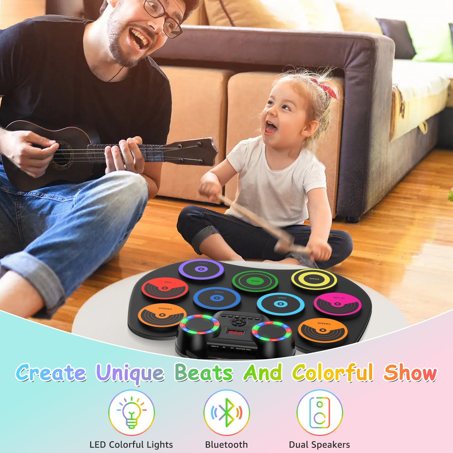 Portable Electric Drum Set with Headphone: 9-Pad Electronic Drum Pad with Dual Speaker for Beginner - Holiday Birthday Christmas Gifts