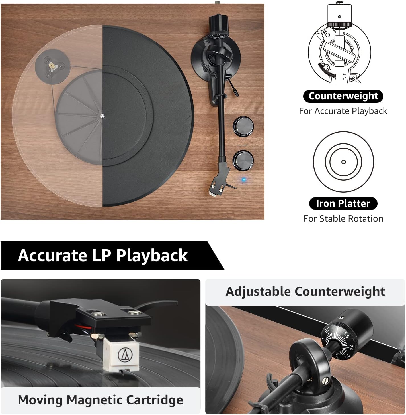Udreamer Vinyl Record Player Turntable with Wireless Bluetooth,Vintage Audio Turntables with Speakers,Supports RCA Line,USB,Brown