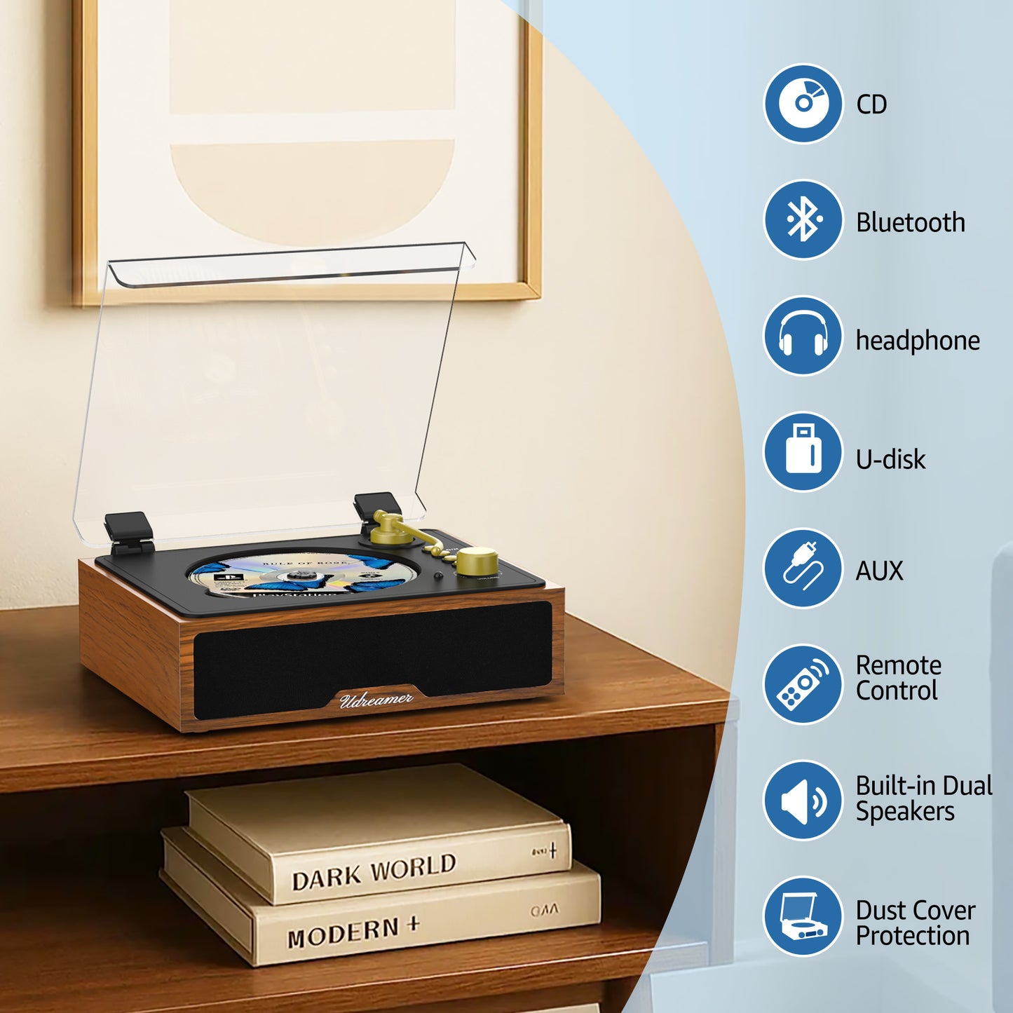 Udreamer Portable CD Players for Home, with Bluetooth &Hi-Fi Stereo Speakers,Remote Control | Black