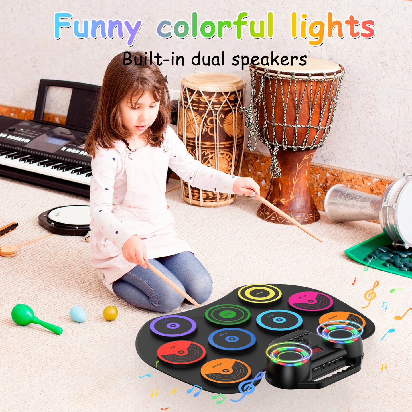 Portable Electric Drum Set with Headphone: 9-Pad Electronic Drum Pad with Dual Speaker for Beginner - Holiday Birthday Christmas Gifts