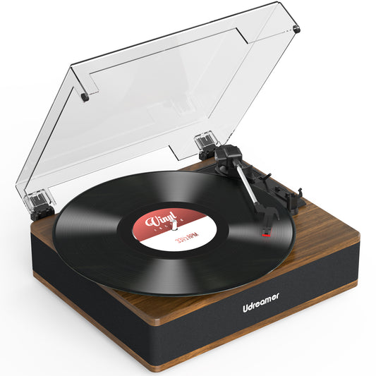 Udreamer Vinyl Record Player with Bluetooth, All In One 3-Speed Vintage Audio Turntables,Brown