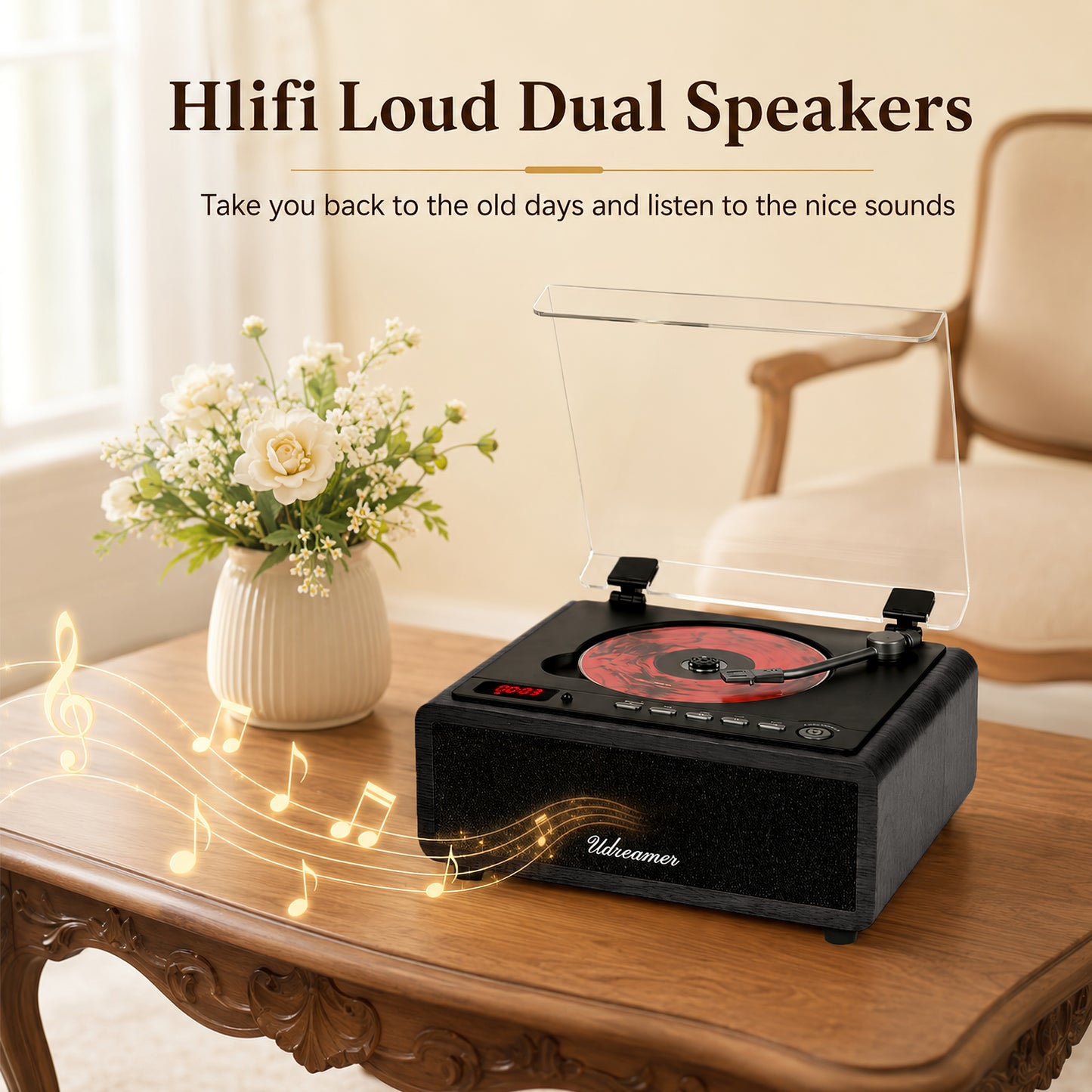 Udreamer Retro CD Player, Wood Vintage CD Players for Home | HiFi Bass Boost & FM Radio with Remote Control,Sleep Timer,USB/AUX IN,Black