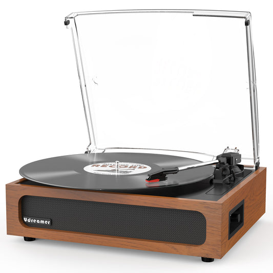 Udreamer Vinyl Record Player with Bluetooth, All In One 3-Speed Vintage Audio Turntables,Yellow