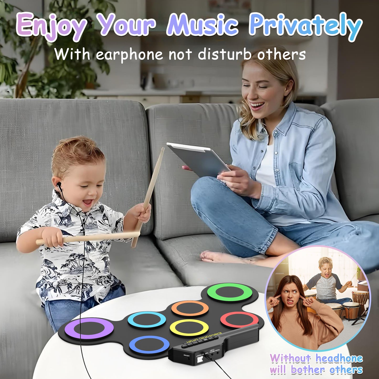 Udreamer Electronic Drum Set, 7-Pad Bluetooth Portable Electronic Drum Kit, Roll-Up Drum,Christmas Holiday Birthday Gift，Rainbow