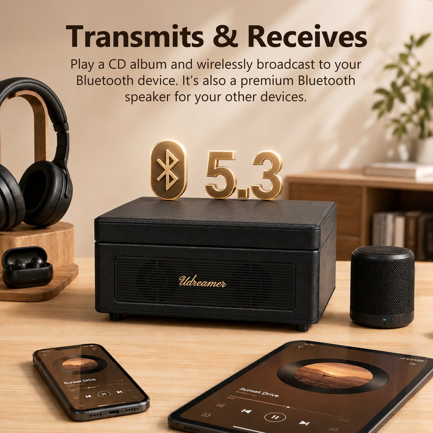 Udreamer Portable CD Players for Home Stereos, Home CD player Portable,CD player with Bluetooth,Stereos for Home | Black
