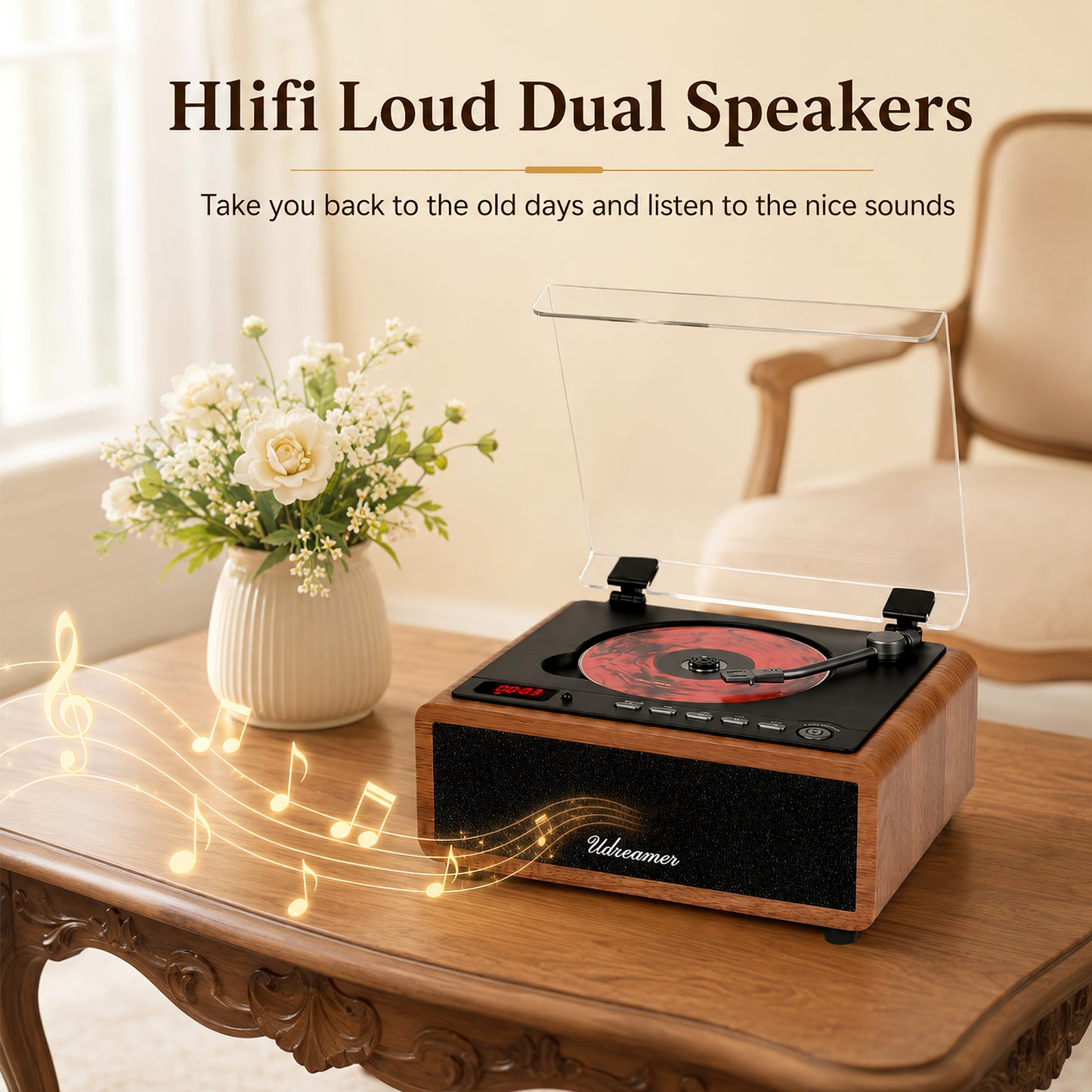Udreamer Retro CD Player, Vintage CD Players for Home | HiFi Bass Boost & FM Radio with Remote Control,Sleep Timer,USB/AUX IN,Brown