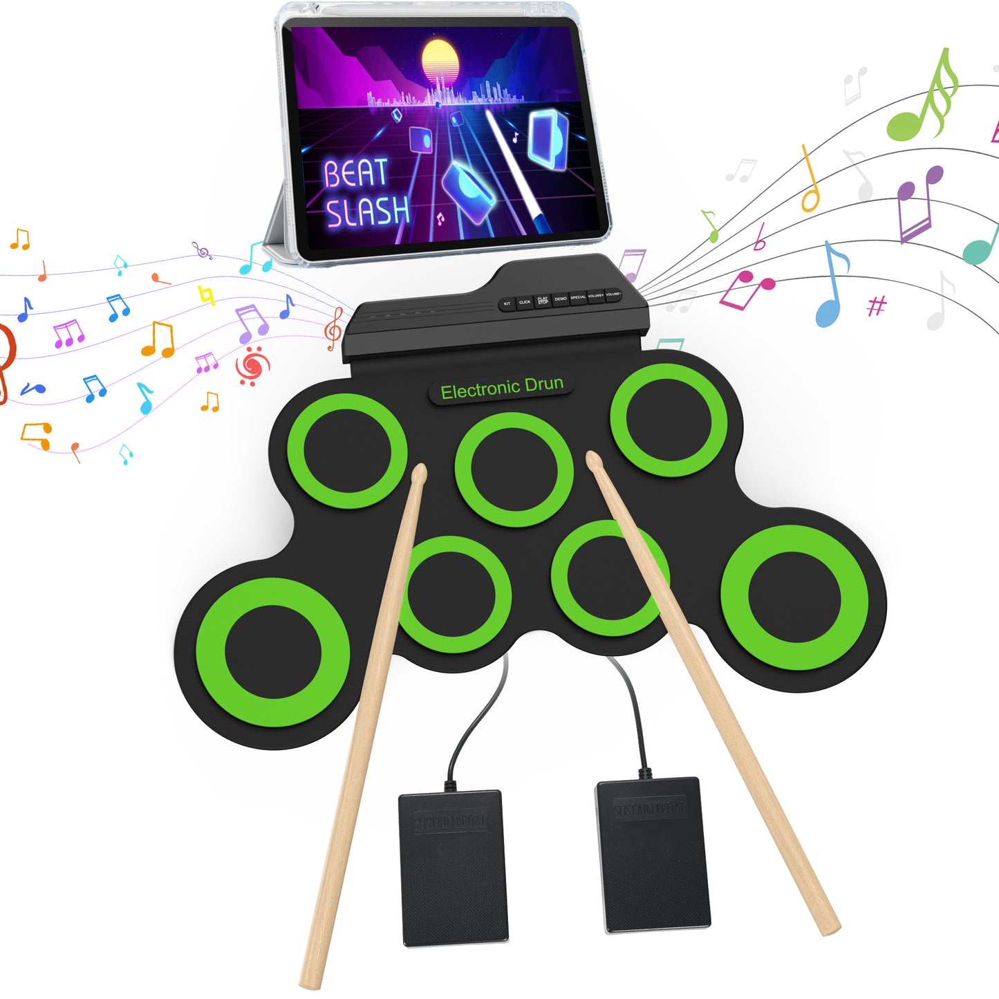 Udreamer Electronic Drum Set, 7-Pad Bluetooth Portable Electronic Drum Kit, Roll-Up Drum,Christmas Holiday Birthday Gift，Rainbow