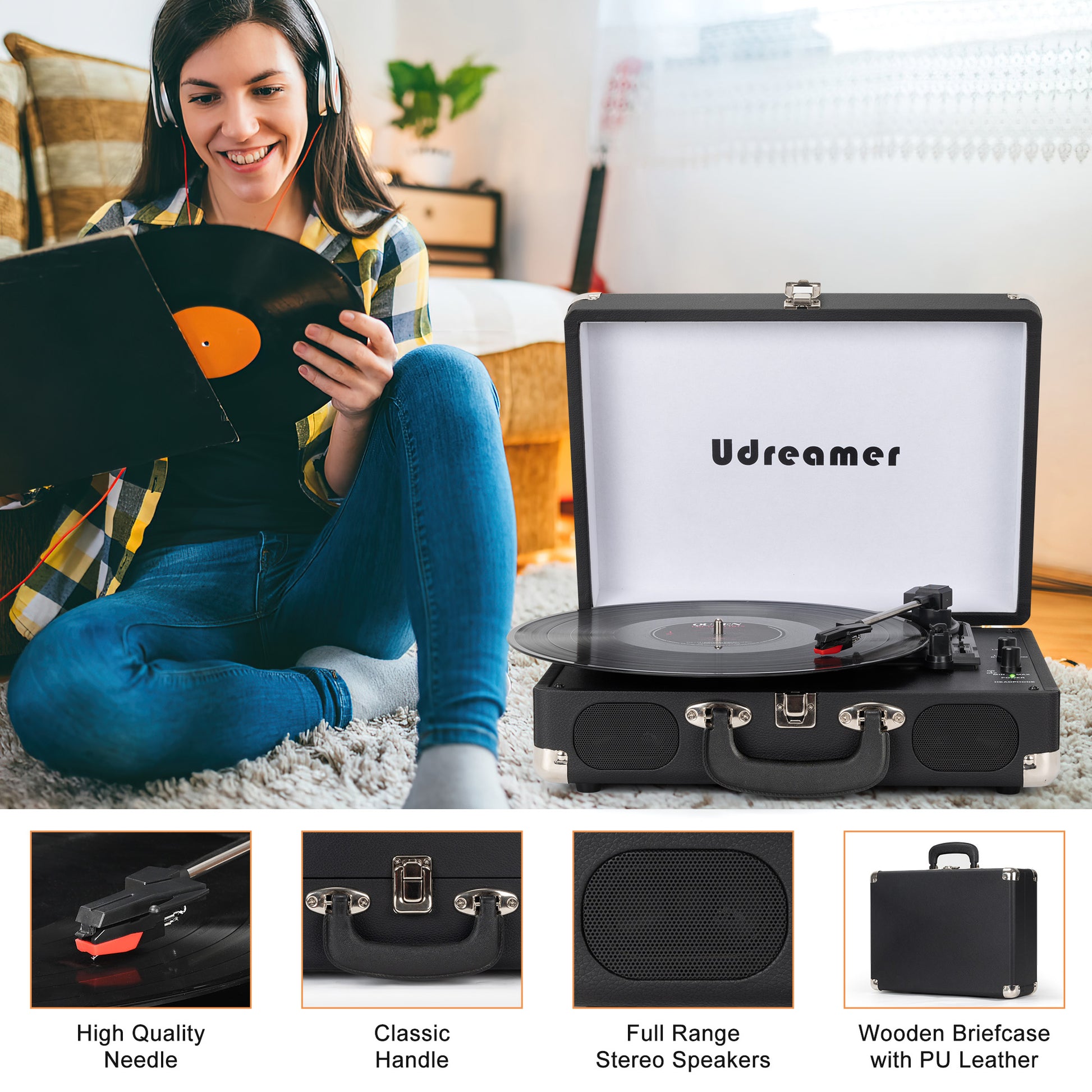 Udreamer Platine Vinyle, Tourne-Disque Avec Haut-parleurs Intégrés Et Entraînement Par Courroie Bluetooth, Phonographe Vintage Avec 3 Vitesses Vert