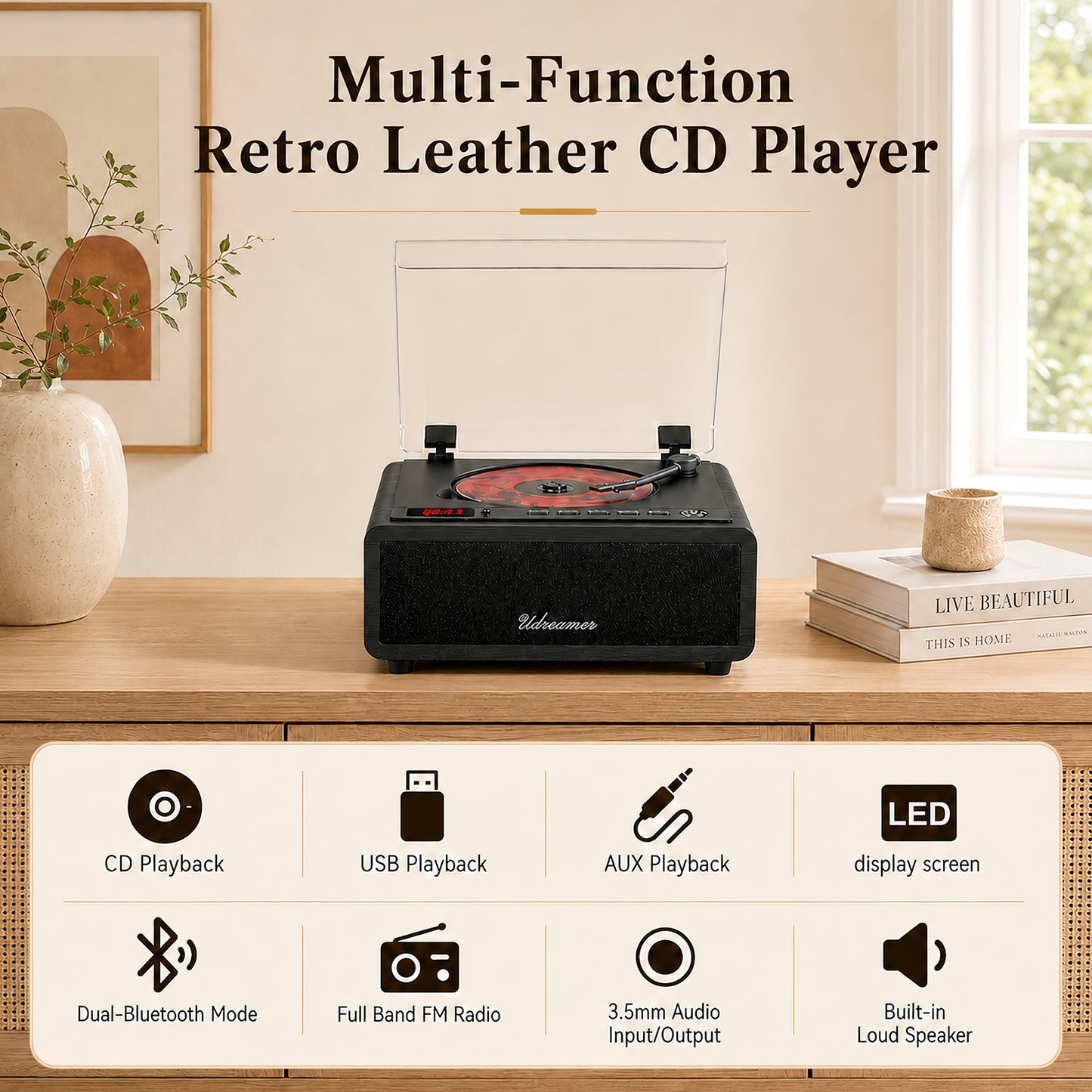 Udreamer Retro CD Player, Wood Vintage CD Players for Home | HiFi Bass Boost & FM Radio with Remote Control,Sleep Timer,USB/AUX IN,Black