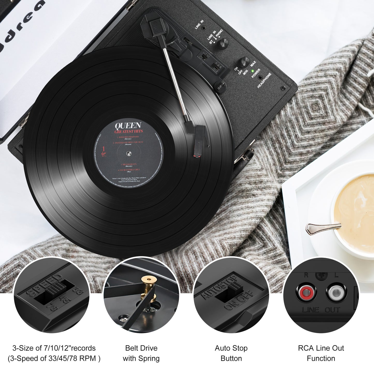 Udreamer Vinyl Record Player Turntable with Bluetooth,3-Speed Portable Vintage Audio Turntables,Black