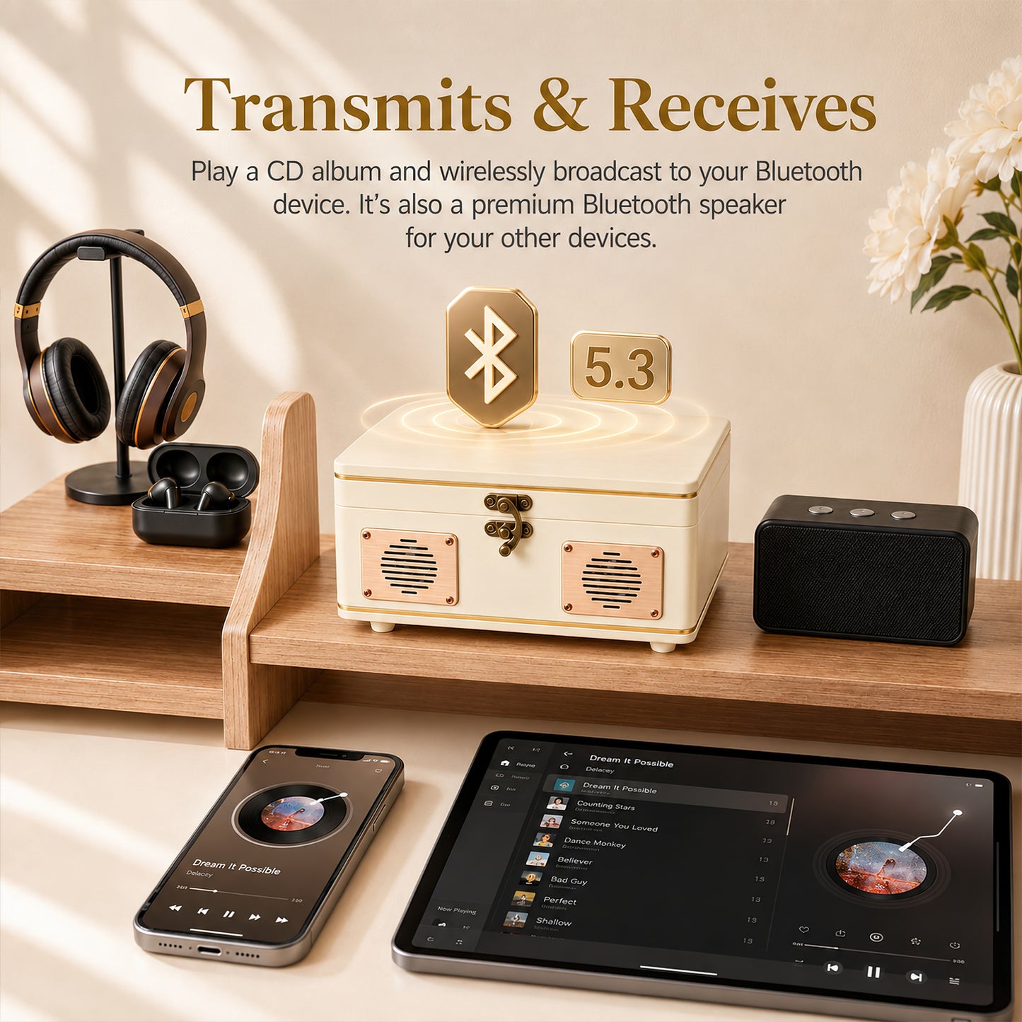 Udreamer Portable CD Players for Home Stereos, Home CD player Portable,CD player with Bluetooth,Stereos for Home | White