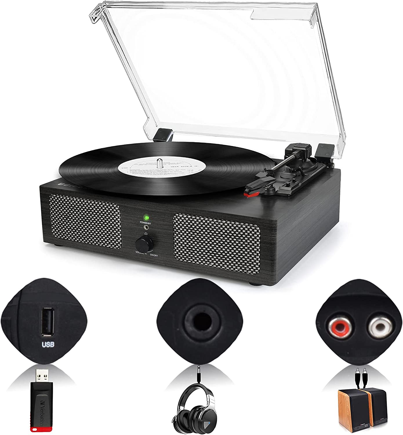 Udreamer 3-Speed Vinyl Record Player Turntable with Bluetooth, ALL in ONE Vintage Audio Turntables, Black