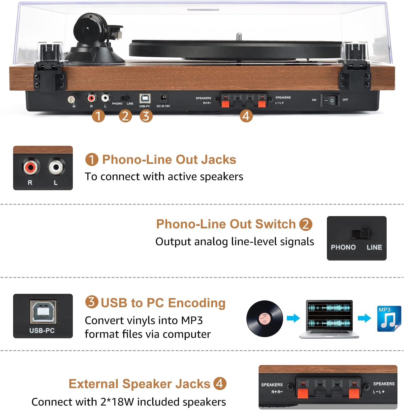 Udreamer Vinyl Record Player Turntable with Wireless Bluetooth,Vintage Audio Turntables with Speakers,Supports RCA Line,USB,Brown