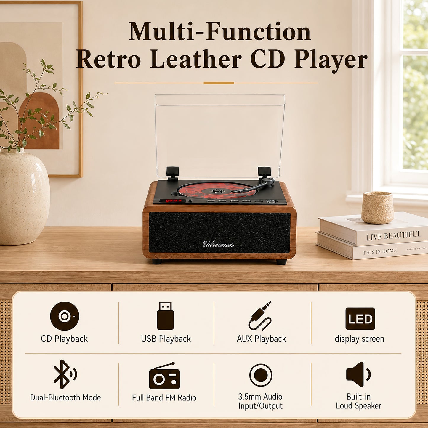 Udreamer Retro CD Player, Vintage CD Players for Home | HiFi Bass Boost & FM Radio with Remote Control,Sleep Timer,USB/AUX IN,Brown