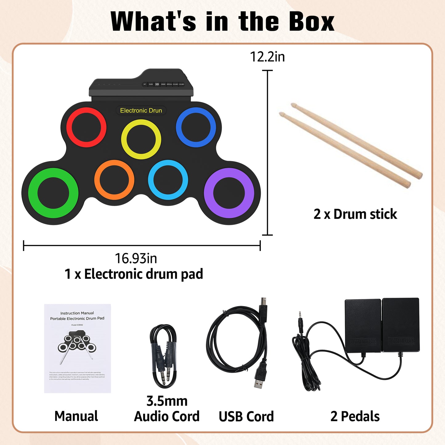 Udreamer Electronic Drum Set, 7-Pad Bluetooth Portable Electronic Drum Kit, Roll-Up Drum,Christmas Holiday Birthday Gift，Rainbow