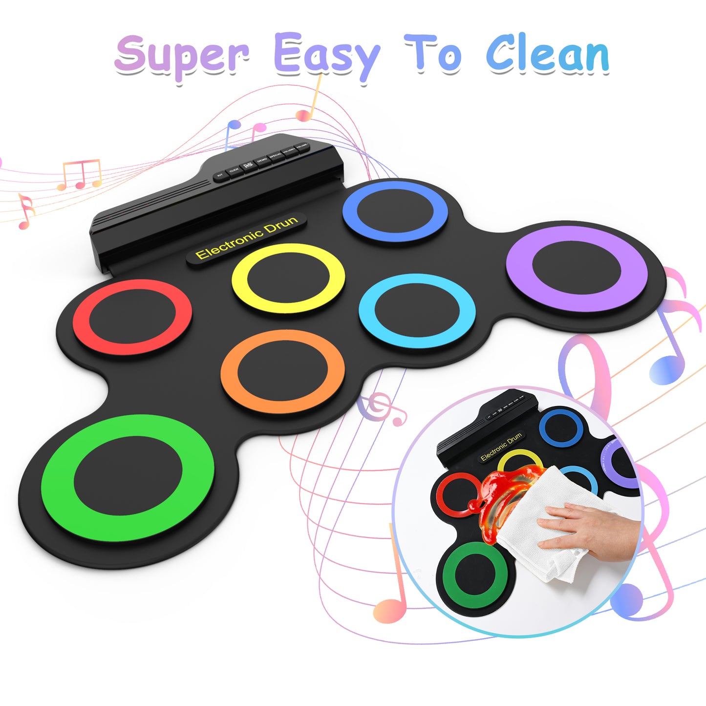 Udreamer Electronic Drum Set, 7-Pad Bluetooth Portable Electronic Drum Kit, Roll-Up Drum,Christmas Holiday Birthday Gift，Rainbow