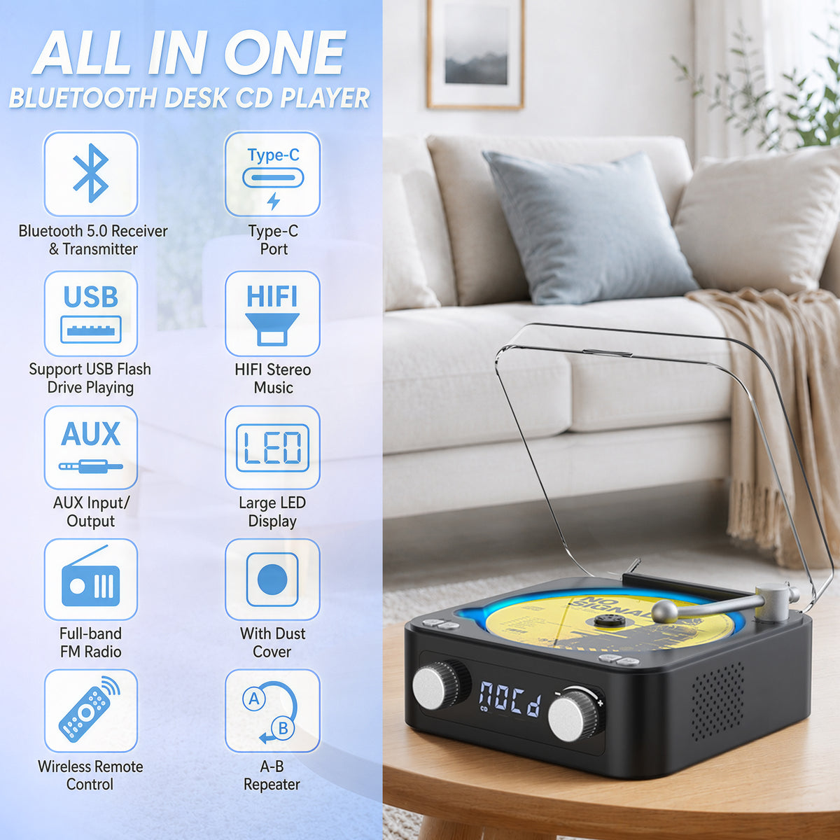 Udreamer CD Players for Home,Digital Portable CD Player with Bluetooth Hi-Fi Stereo Sound,Remote Control, Support AUX/USB, Headphone Jack,Purple