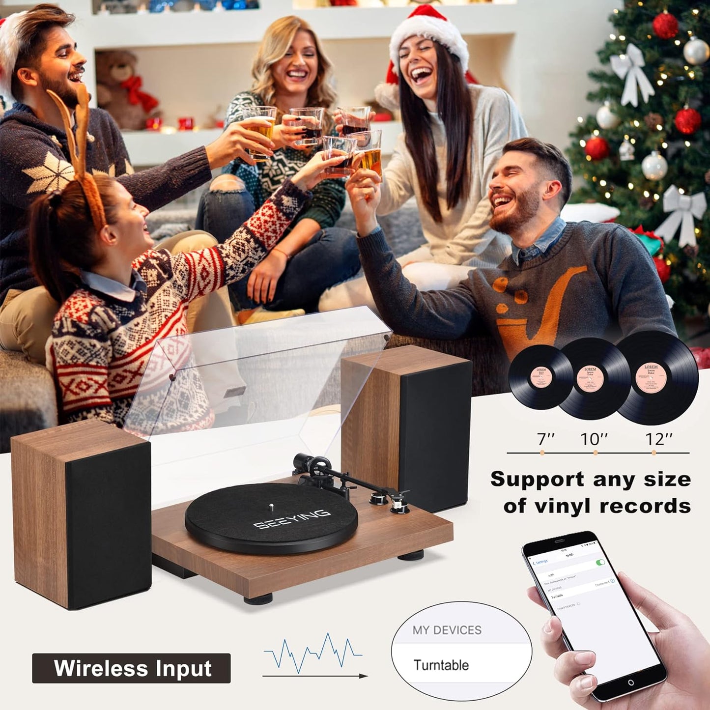 Udreamer Vinyl Record Player Turntable with Wireless Bluetooth,Vintage Audio Turntables with Speakers,Supports RCA Line,USB,Brown