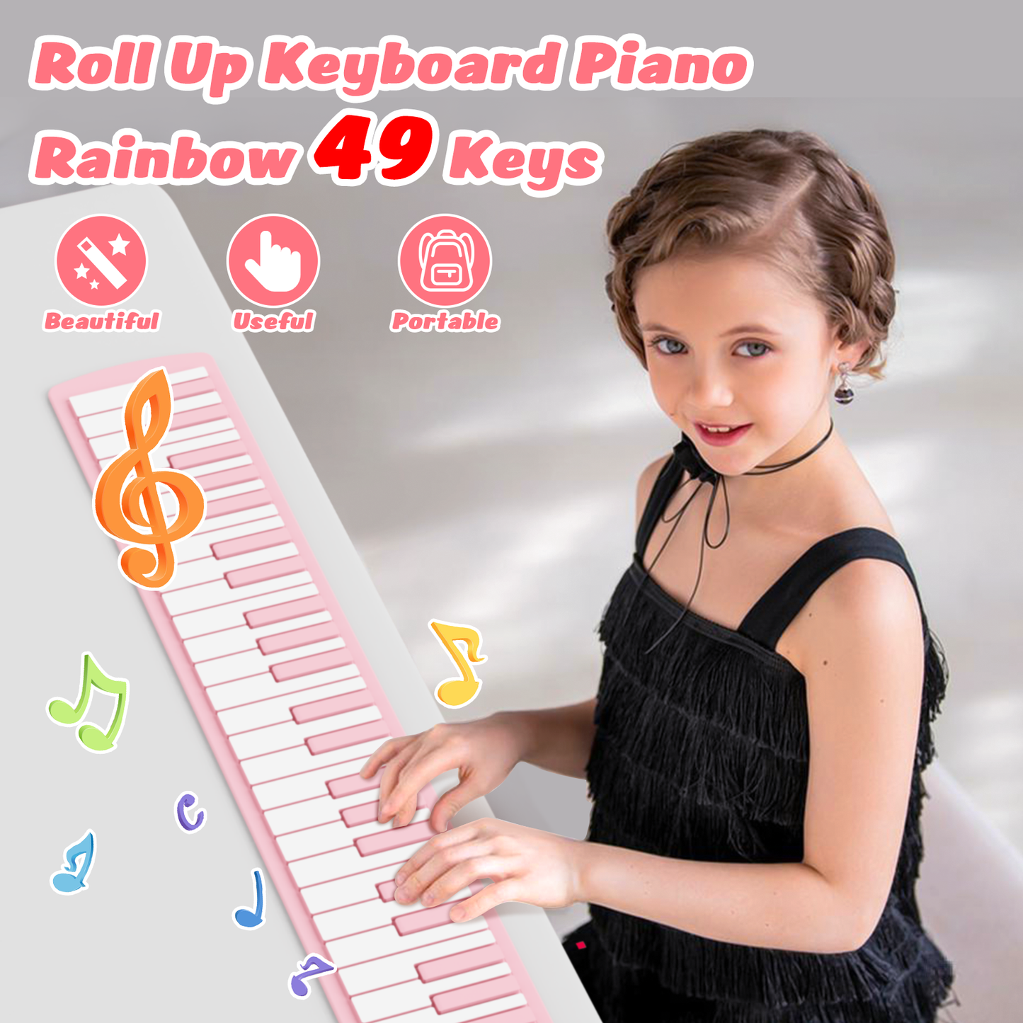 49 Key Roll Up Keyboard Piano, Portable Digital Electric Foldable Piano Keyboard, Rechargeable,Pink