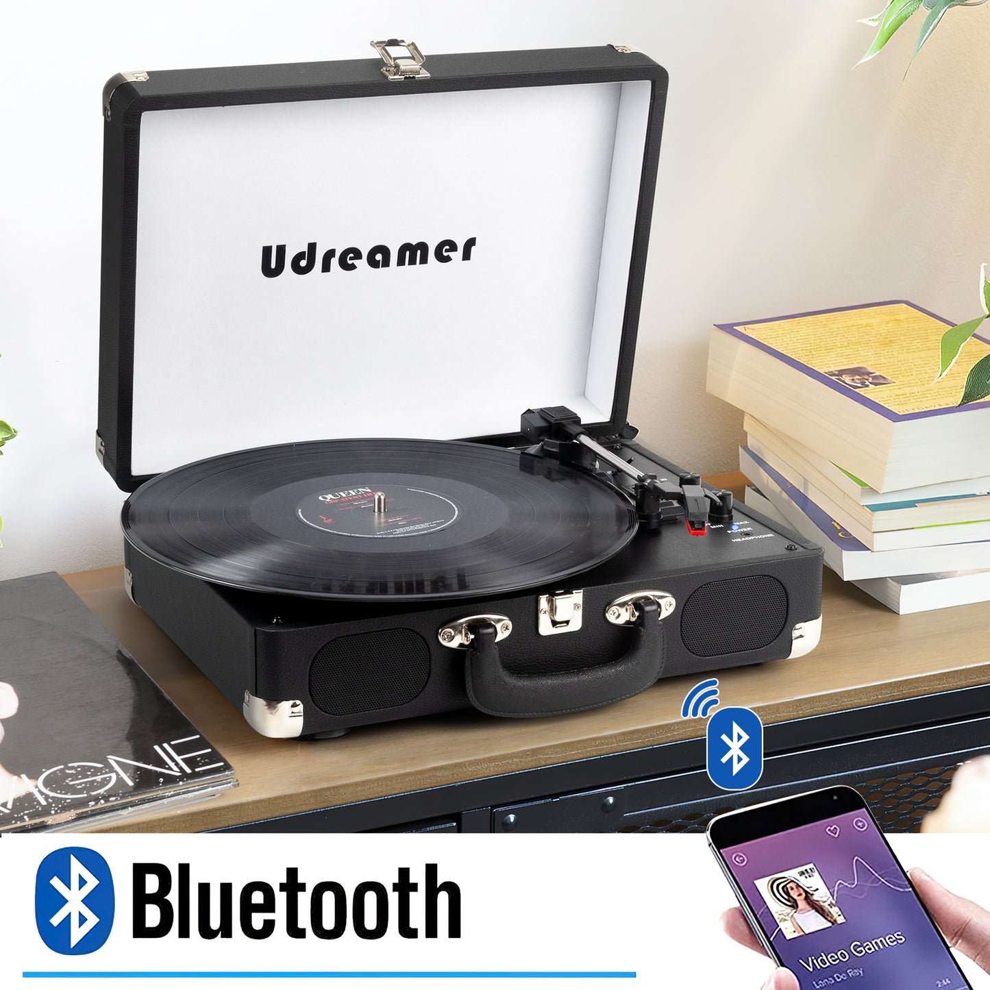 Udreamer Vinyl Record Player Turntable with Bluetooth,3-Speed Portable Vintage Audio Turntables,Black