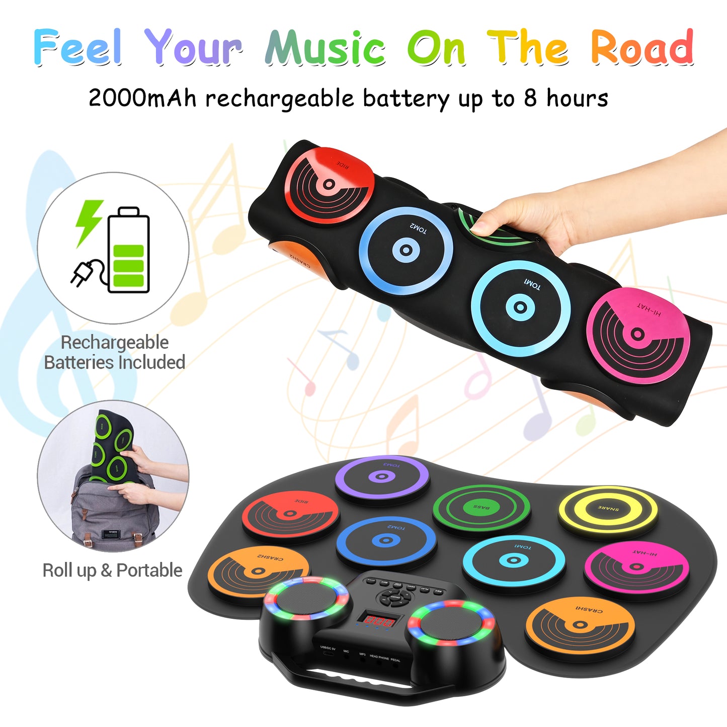 Portable Electric Drum Set with Headphone: 9-Pad Electronic Drum Pad with Dual Speaker for Beginner - Holiday Birthday Christmas Gifts