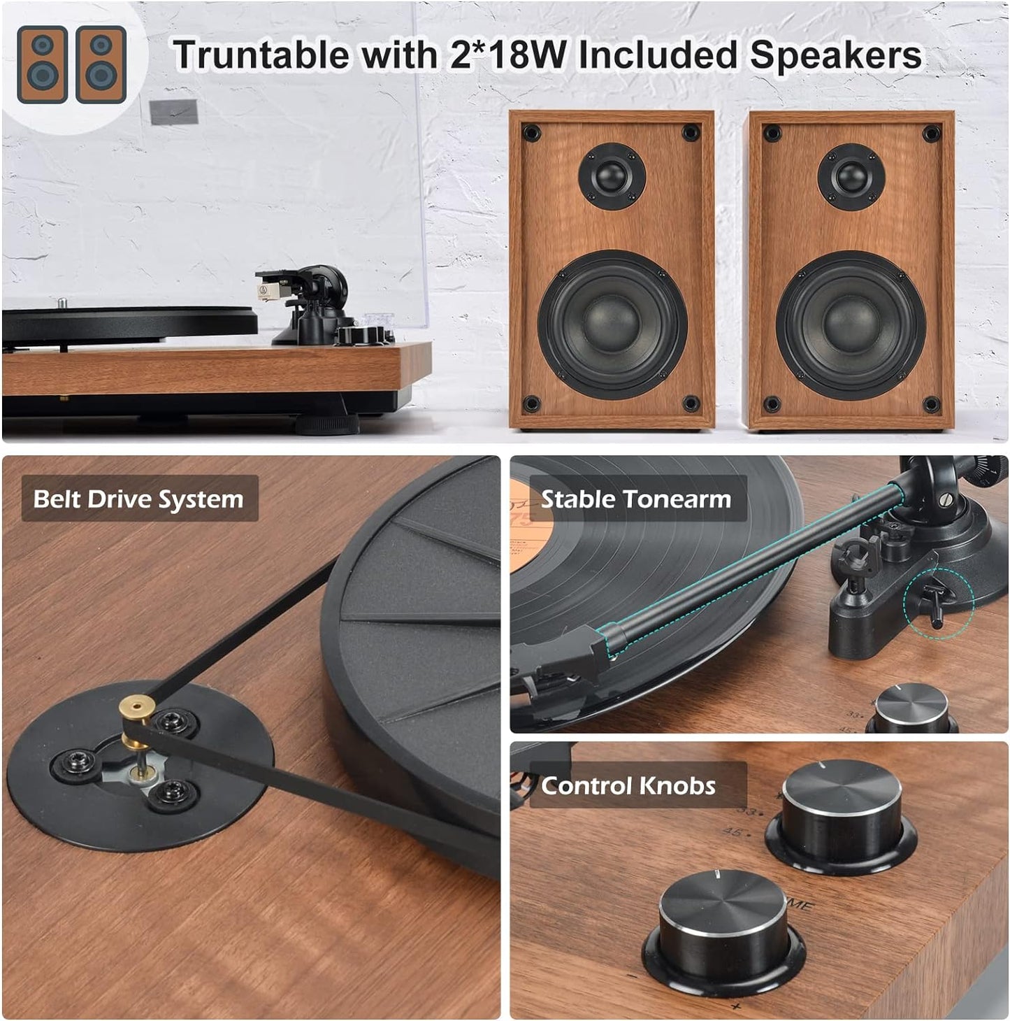 Udreamer Vinyl Record Player Turntable with Wireless Bluetooth,Vintage Audio Turntables with Speakers,Supports RCA Line,USB,Brown
