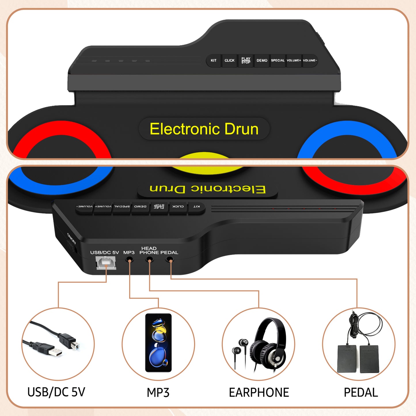 Udreamer Electronic Drum Set, 7-Pad Bluetooth Portable Electronic Drum Kit, Roll-Up Drum,Christmas Holiday Birthday Gift，Rainbow