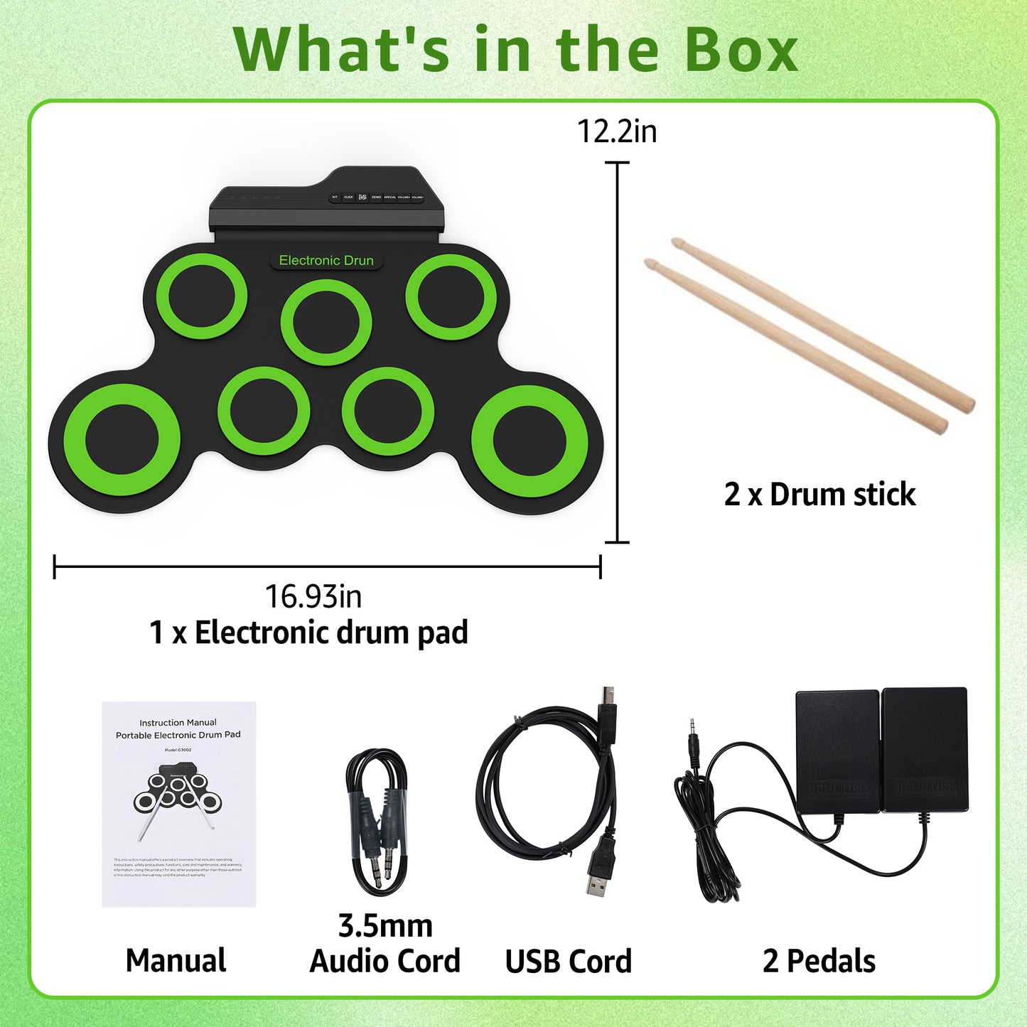 Udreamer Electronic Drum Set, 7-Pad Bluetooth Portable Electronic Drum Kit, Roll-Up Drum,Christmas Holiday Birthday Gift，Rainbow
