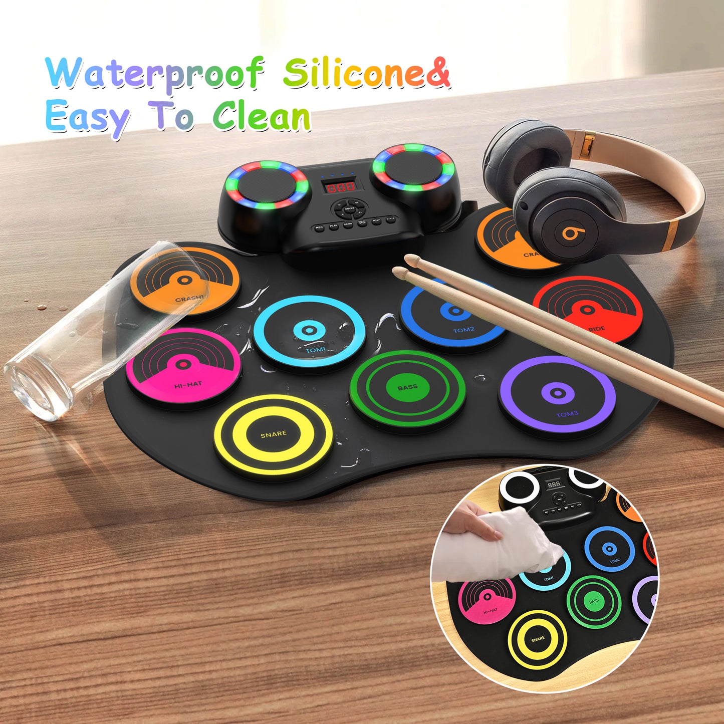 Portable Electric Drum Set with Headphone: 9-Pad Electronic Drum Pad with Dual Speaker for Beginner - Holiday Birthday Christmas Gifts